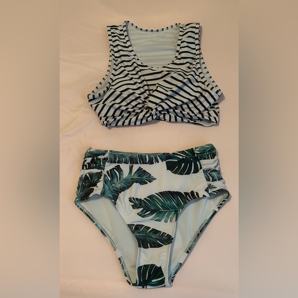 SHEIN Striped and Leaf Print Bikini - Black, White, Green
